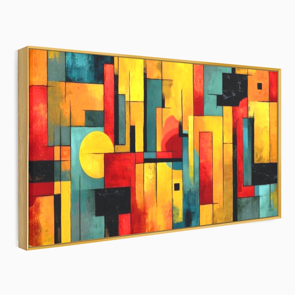 Tablou canvas cu pictura abstracta cu forme geometrice urbane, in rama de aluminiu auriu